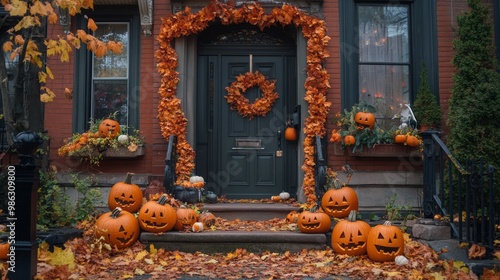 Festive Halloween decorations with pumpkins and autumn leaves adorning a char...