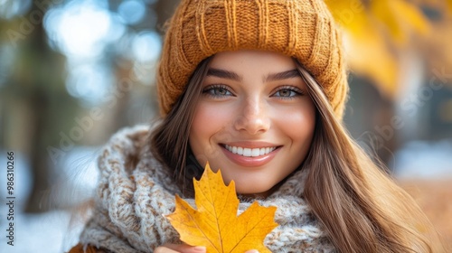 Young woman joyfully holding a yellow maple leaf during autumn in a park on a...