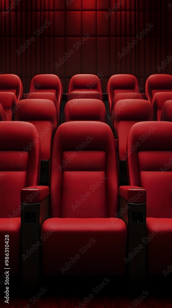 Red cinema or theater seats with armrests arranged in rows for watching movies. The movie screen is obscured from view, without people Red cinema or theater seats with armrests arranged in rows for watching movies. The movie screen is obscured from view, without people