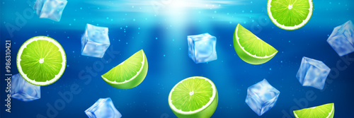 Realistic lime fruit slice and ice cubes underwater. Floating citrus and ice crystals on dark blue ocean or sea. 3D design poster.