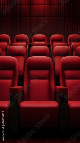 Red cinema or theater seats with armrests arranged in rows for watching movies. The movie screen is obscured from view, without people