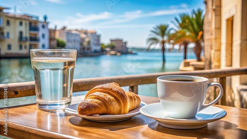 Typical Menorcan breakfast featuring a cup of coffee, croissant, and a glass of water photo