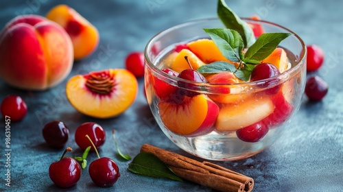 Fresh cherries and peaches in a clear bowl with spices on a textured surface ...