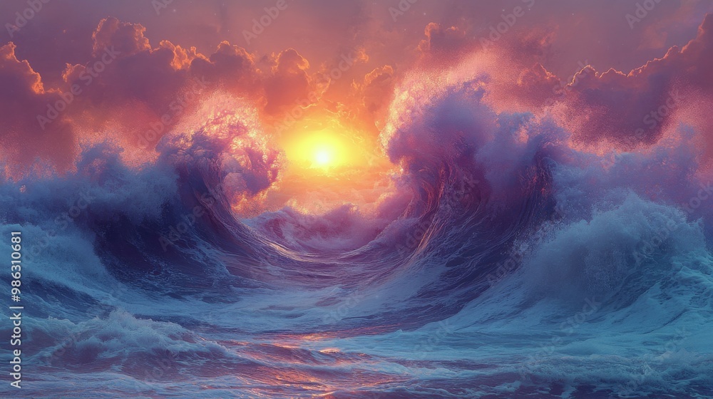 Fototapeta premium Vibrant sunset over waves creating a stunning seascape in twilight