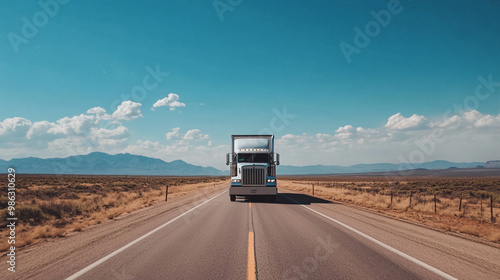 A large truck traveling down an empty highway surrounded by mountains on a clear day