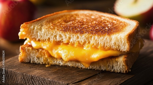 Grilled cheese sandwich with melted cheese served alongside fresh apples in a...