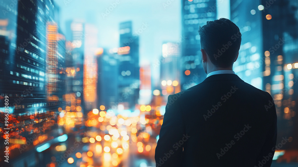 A businessman gazes at the illuminated city skyline during twilight in a bustling urban area A businessman gazes at the illuminated city skyline during twilight in a bustling urban area