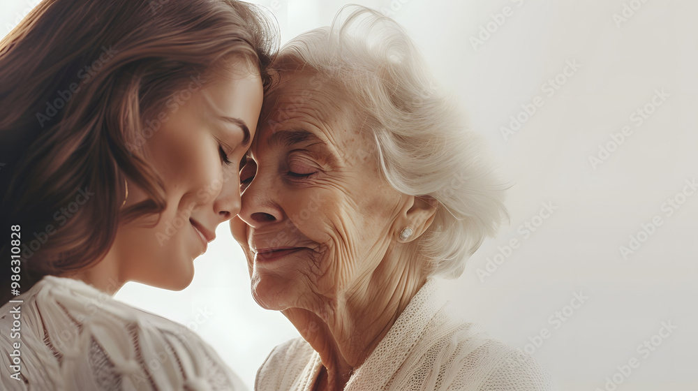 Old woman and young girl face to face lovingly hugging