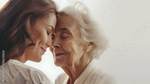 Obraz na płótnie Old woman and young girl face to face lovingly hugging w salonie