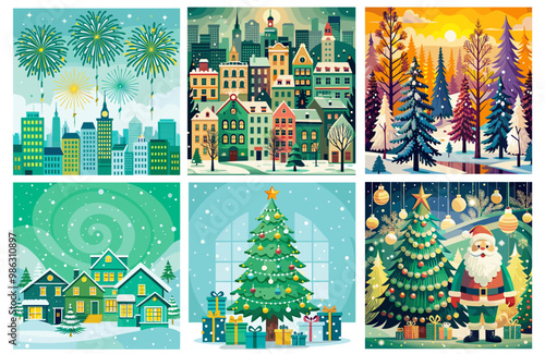 Set of festive vector illustrations featuring New Year themes with Christmas trees and fireworks