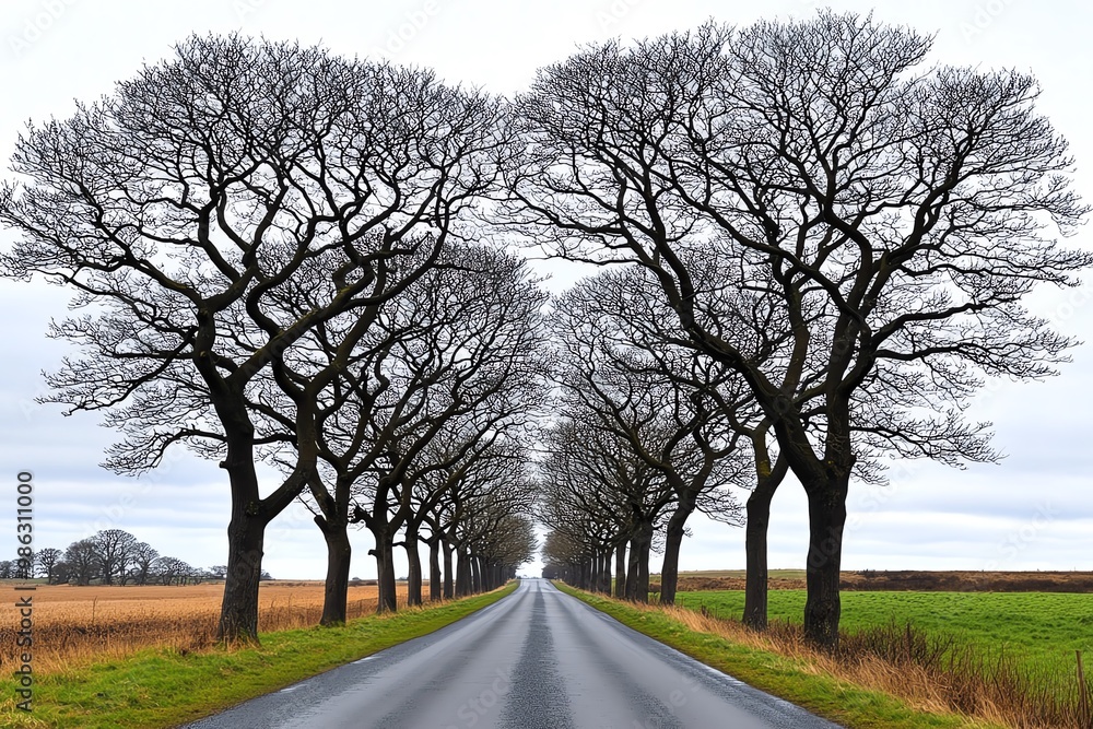 A row of barren trees along a country road, their branches intertwined like a web against the pale winter sky A row of barren trees along a country road, their branches intertwined like a web against the pale winter sky