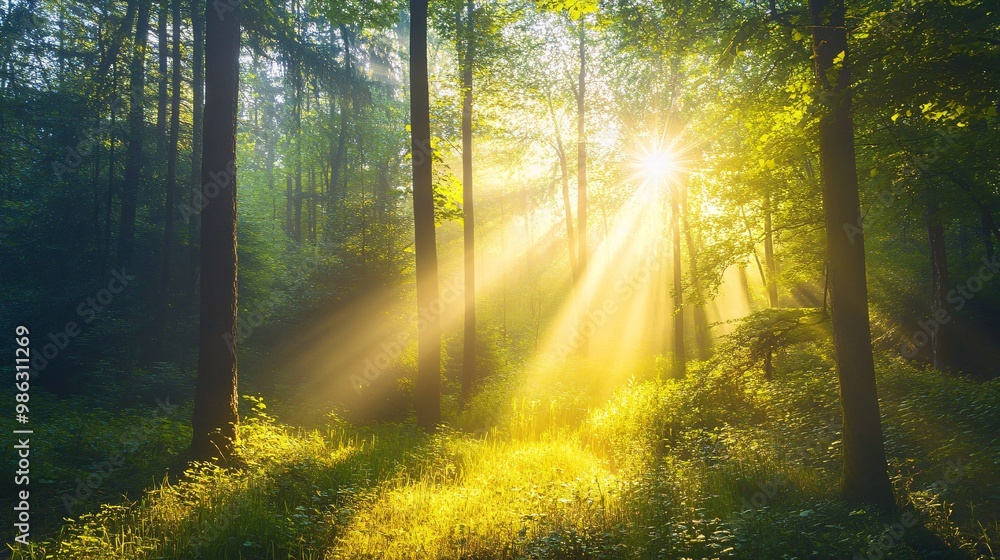 Naklejka premium Sunbeams Illuminating a Foggy Forest Path
