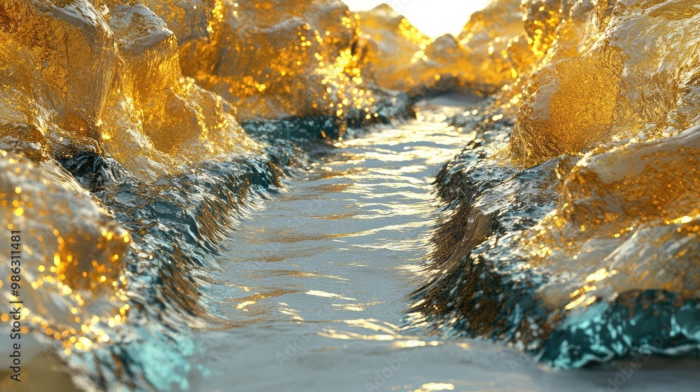A 3D river of glowing glass flowing gently through a landscape of metallic mountains. A 3D river of glowing glass flowing gently through a landscape of metallic mountains.