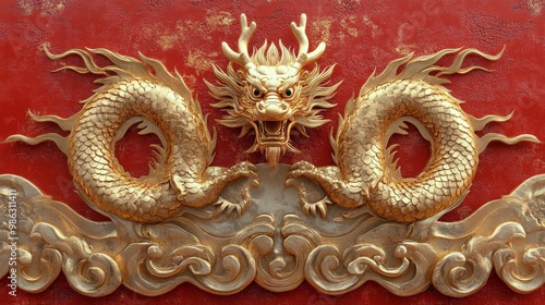 Golden dragon relief on a red background depicting cultural symbolism in trad...