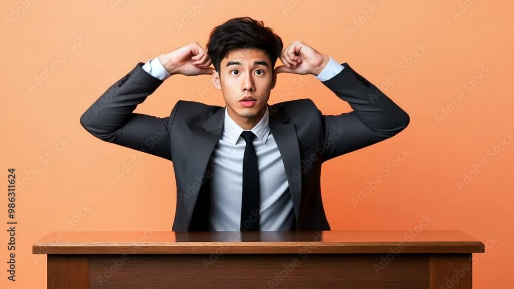 Young Man in Business Suit Showing Surprise at a Wooden Desk Generative AI Young Man in Business Suit Showing Surprise at a Wooden Desk Generative AI