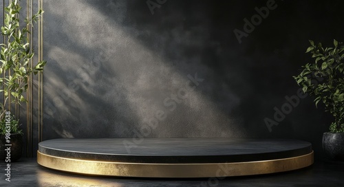 Minimalist dark studio setting with elegant round pedestal featuring a gold a...