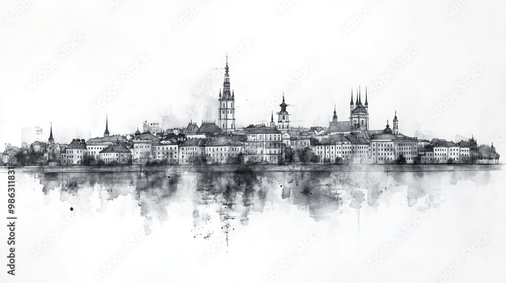 Fototapeta premium Kielce, Poland, black and white pen pencil hand-drawn effect drawing illustration for travel poster, card, wallpaper, backdrop or banner. Modern, clear, artistic and simple