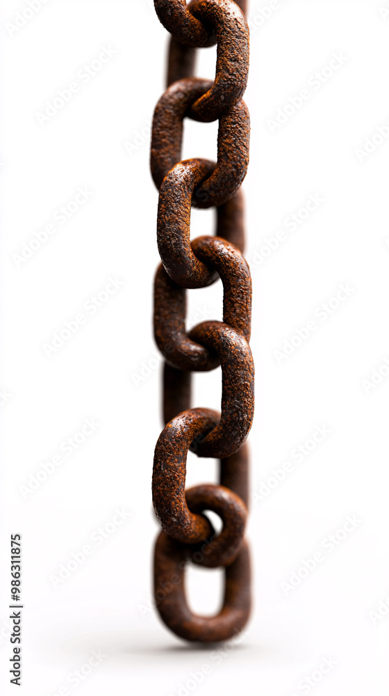 A rusty chain is shown in a white background. The chain is bent and twisted, and it is old and worn. Concept of decay and abandonment, as the chain is no longer in use A rusty chain is shown in a white background. The chain is bent and twisted, and it is old and worn. Concept of decay and abandonment, as the chain is no longer in use