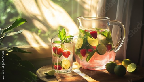 Refreshing summer drink with strawberries and limes on a wooden table in warm...