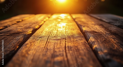 Wooden table glows under sunset light in peaceful outdoor setting surrounded ...