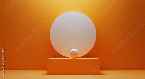 Minimalist display of a white sphere and circular platform against a vibrant ...