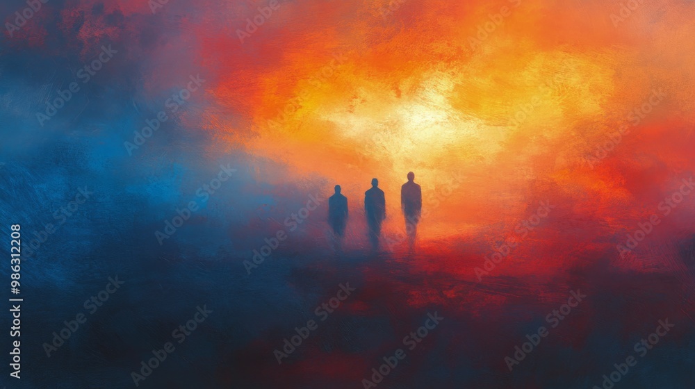Three silhouettes walking through colorful fog at dawn, creating a mystic atmosphere Three silhouettes walking through colorful fog at dawn, creating a mystic atmosphere