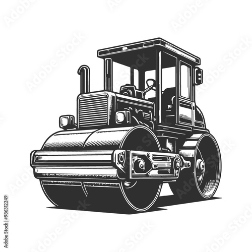 Monochrome style of color steamroller on white background. 