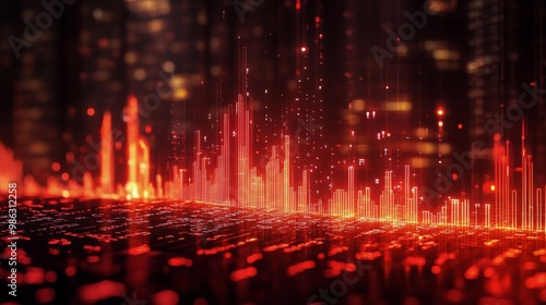 Dynamic red sound wave visualization in an urban setting during nighttime