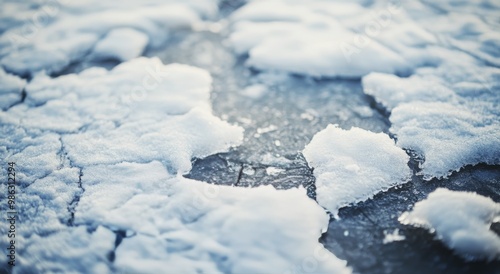 Snowy ice pattern with patches of frost on a cold winter morning in a remote ...