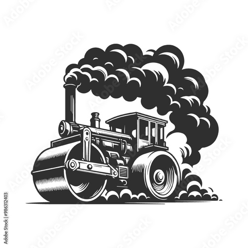 Monochrome style of color steamroller on white background. 