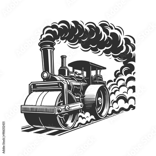 Monochrome style of color steamroller on white background. 