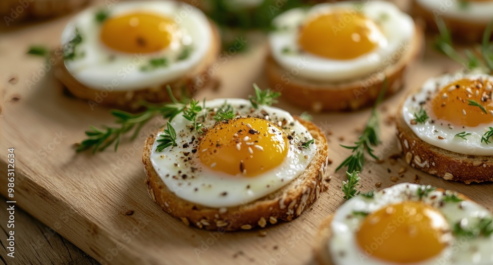 Delicious soft-boiled egg slices served on whole grain bread with herbs and seasoning Delicious soft-boiled egg slices served on whole grain bread with herbs and seasoning