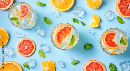Refreshing summer drinks with citrus fruits and ice on a vibrant blue background