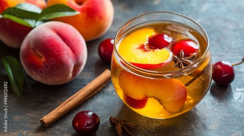 Fresh cherries and peaches in a clear bowl with spices on a textured surface ...