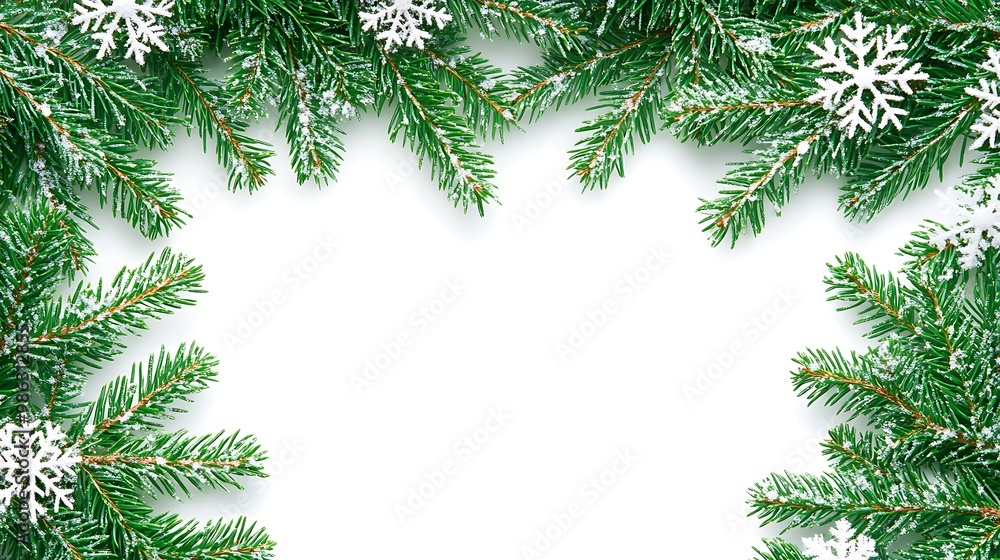 A festive border of green pine branches and snowflakes on a white background, perfect for holiday designs. A festive border of green pine branches and snowflakes on a white background, perfect for holiday designs.