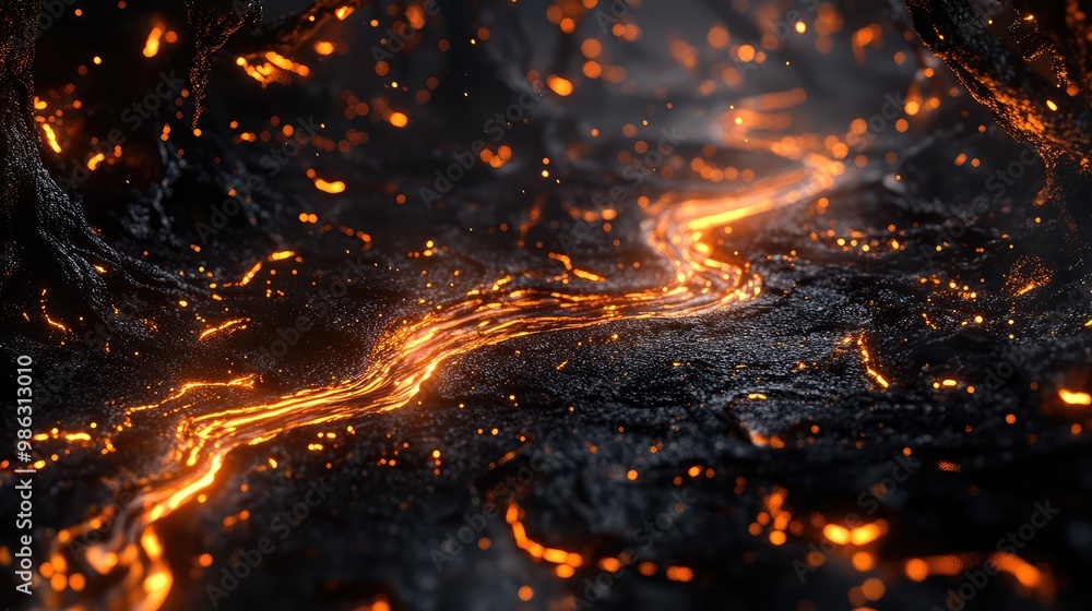 Abstract 3D rivers of molten metal flowing gently through a surreal jungle of glowing vines. Abstract 3D rivers of molten metal flowing gently through a surreal jungle of glowing vines.