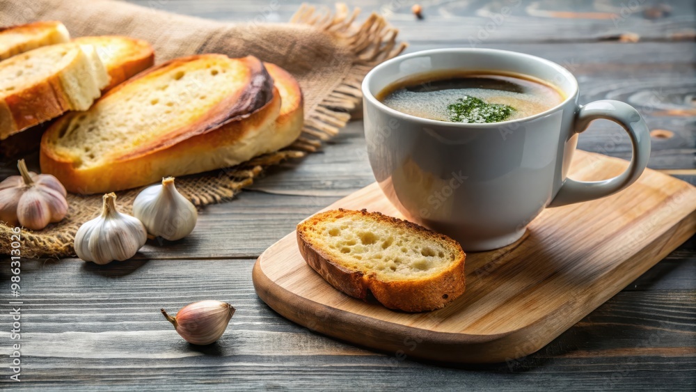 A unique combination of a cup of coffee and garlic bread for a cozy breakfast or snack A unique combination of a cup of coffee and garlic bread for a cozy breakfast or snack