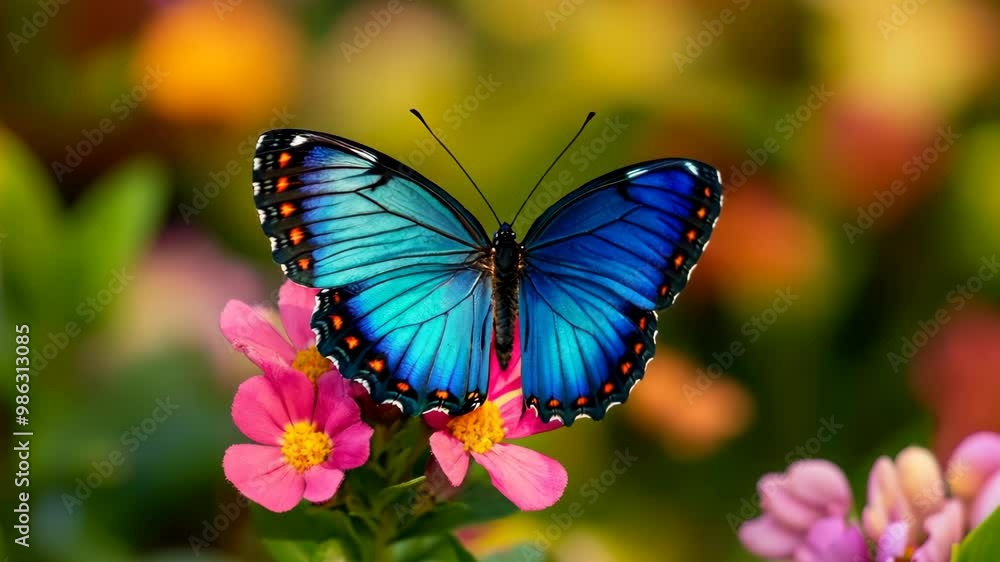 A blue butterfly is sitting on a pink flower A blue butterfly is sitting on a pink flower