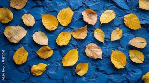 Vibrant yellow autumn leaves scattered across a textured blue background in n...