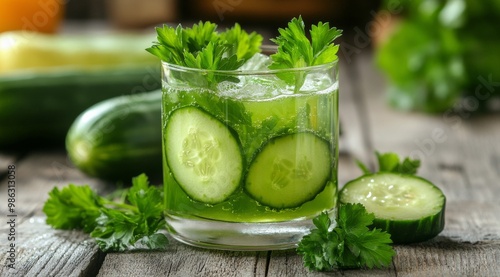 Refreshing cucumber and herb-infused drink in a glass on a wooden table with ...