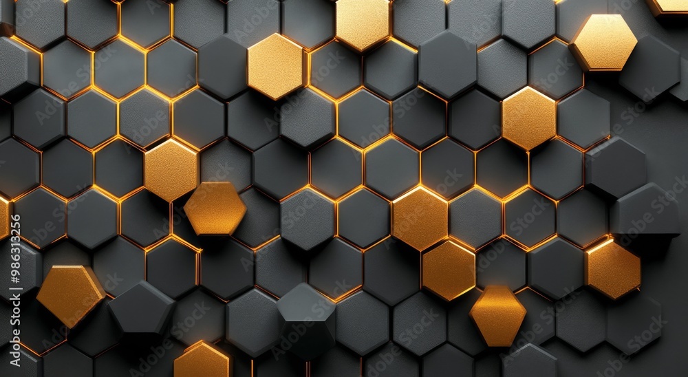 Geometric pattern of hexagons in black and gold on a textured surface with dramatic lighting Geometric pattern of hexagons in black and gold on a textured surface with dramatic lighting