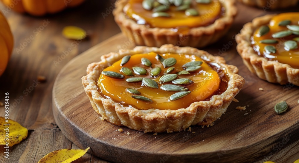 Savory pumpkin tarts with seeds on a wooden table surrounded by autumn decorations Savory pumpkin tarts with seeds on a wooden table surrounded by autumn decorations