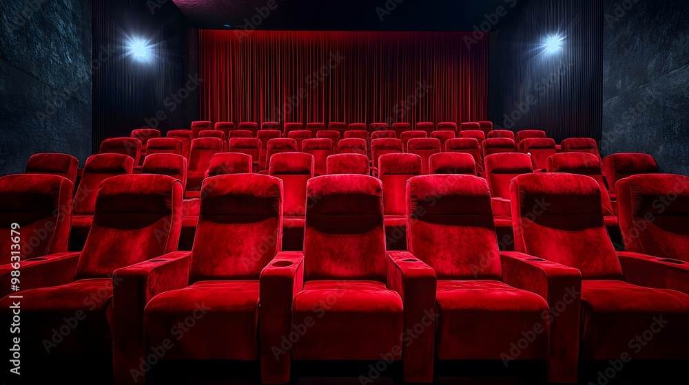Red cinema or theater seats with armrests arranged in rows for watching movies. The movie screen is obscured from view, without people Red cinema or theater seats with armrests arranged in rows for watching movies. The movie screen is obscured from view, without people