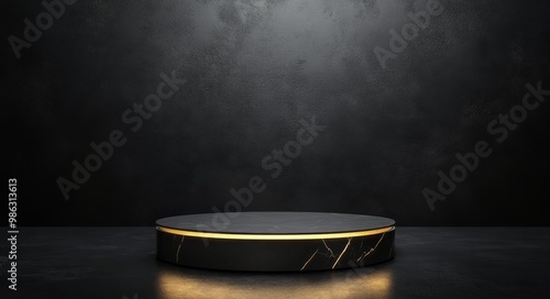 Minimalist dark studio setting with elegant round pedestal featuring a gold a...