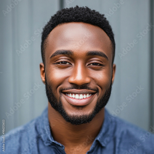 Cheerful handsome young African man head shot front portrait. Happy positive attractive male entrepreneur, startup leader, business professional in casual looking at camera with toothy smileCheerful h