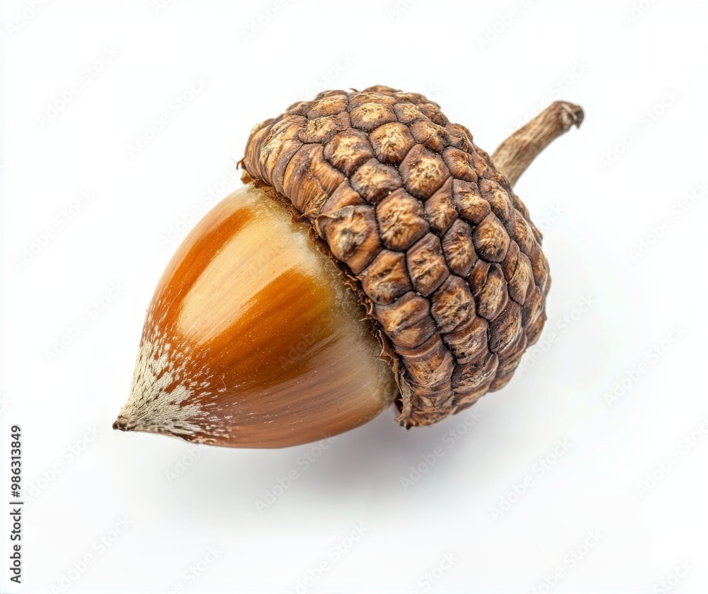 Close-up of a glossy brown acorn resting on a white background highlighting its natural details Close-up of a glossy brown acorn resting on a white background highlighting its natural details