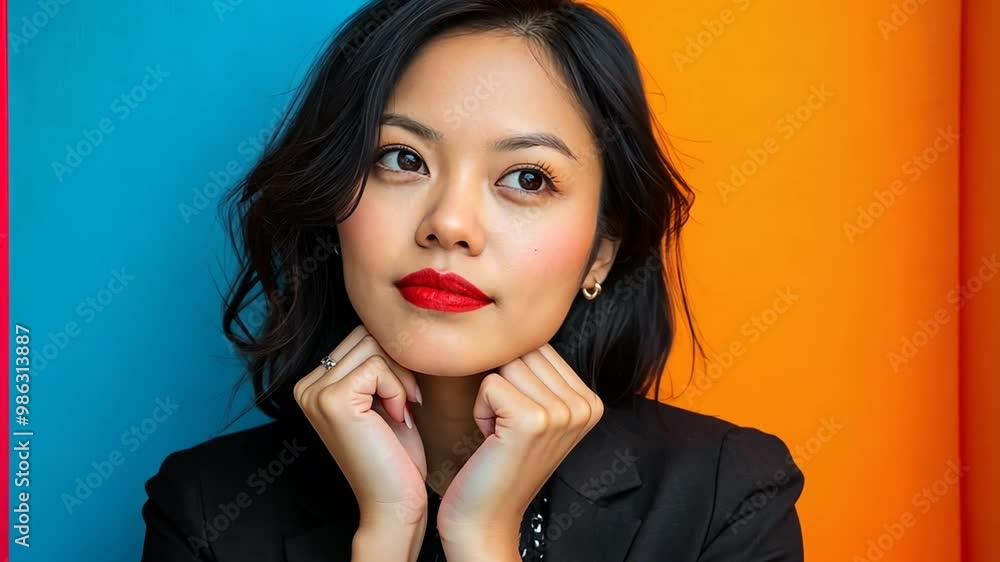 Young Woman Posing Thoughtfully Against Colorful Backdrop Generative AI Young Woman Posing Thoughtfully Against Colorful Backdrop Generative AI