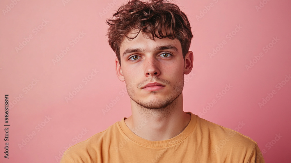 Young man with curly hair poses in front of a pink backdrop in a casual yellow shirt Young man with curly hair poses in front of a pink backdrop in a casual yellow shirt