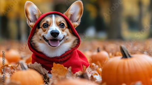 Corgi dressed in a red hoodie among pumpkins during autumn festivities in a c...
