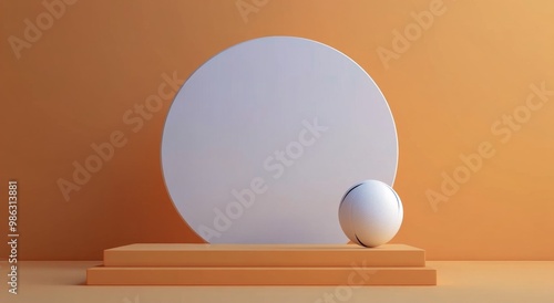 Minimalist display of a white sphere and circular platform against a vibrant ...